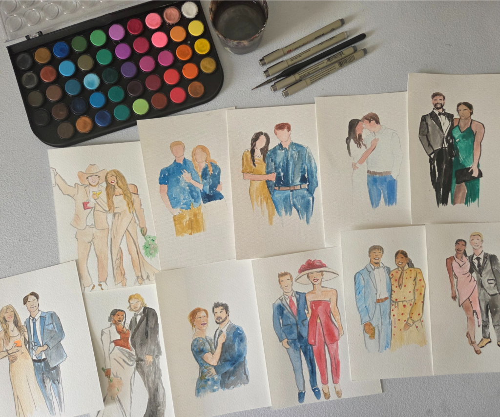 Live watercolor guest portraits in progress at a wedding by ART NANY in Cincinnati and Dayton