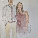 Artist creating personalized watercolor portraits during a wedding