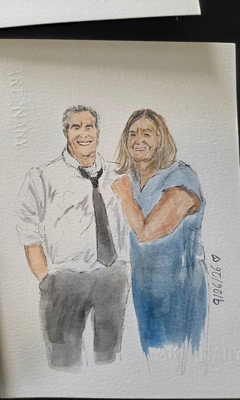Live wedding guest portrait artist painting with watercolors