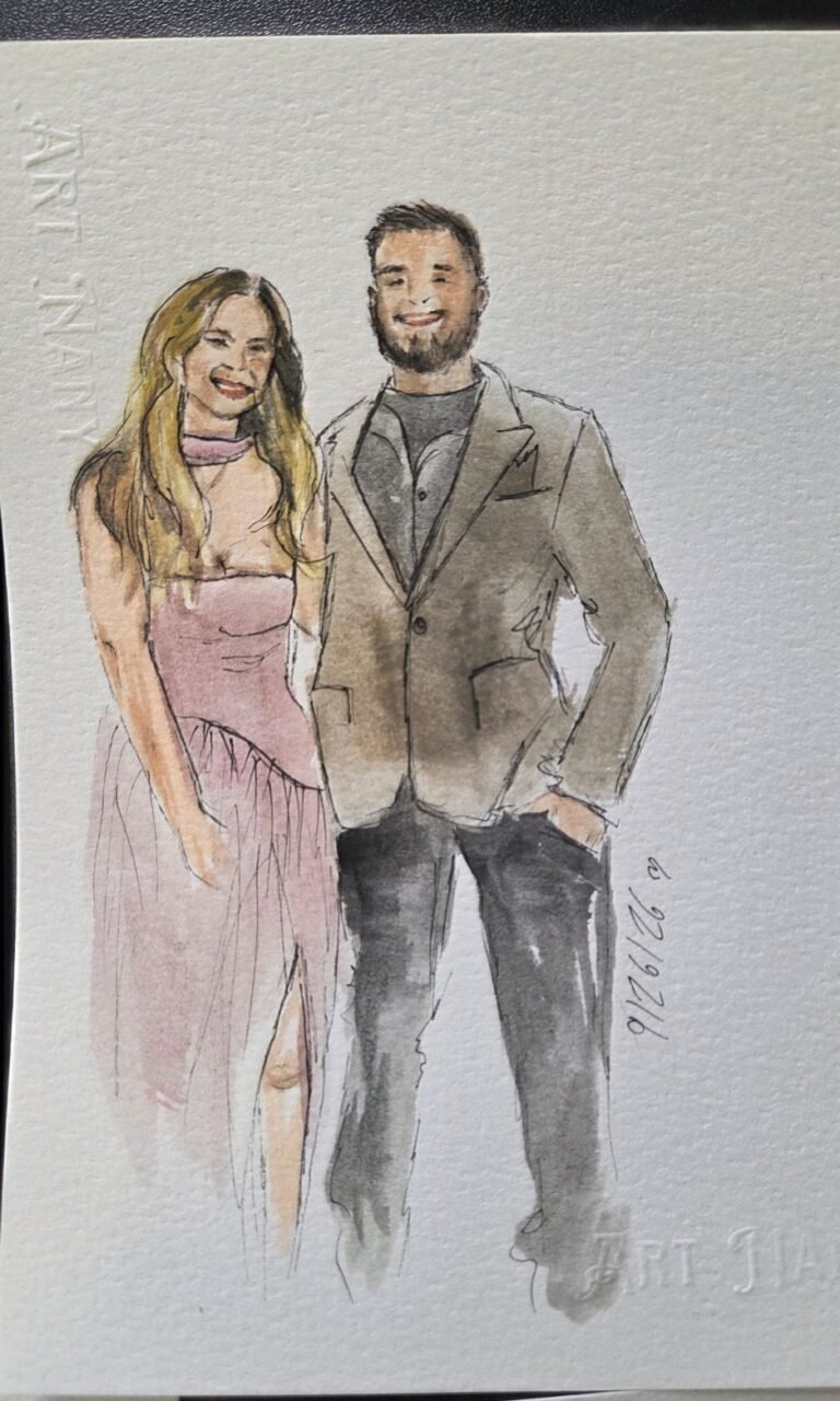 Wedding guests holding personalized watercolor portraits