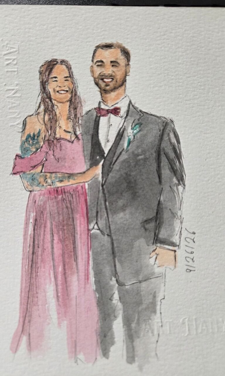 Live guest portrait artist painting watercolor wedding portraits in Dayton, Ohio